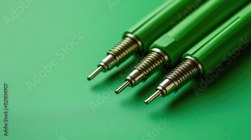 Green female screw power connectors with three pins isolated on a solid green background for electrical and electronic applications. photo