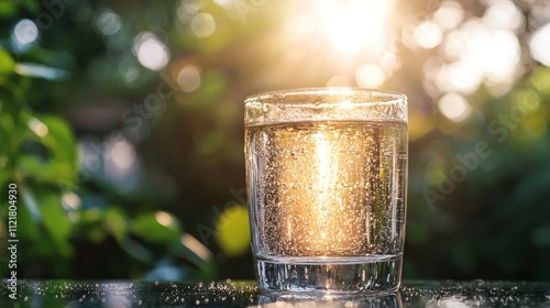 A glass of water slowly evaporates in the sunlight, leaving behind condensation on the surface, highlighting the natural process of evaporation in action photo