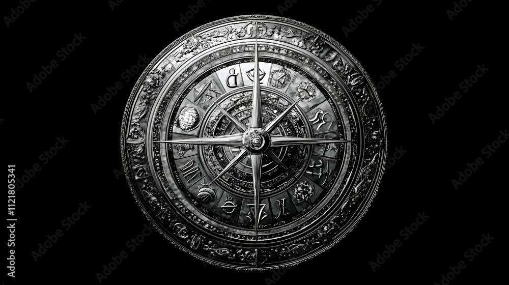 Fototapeta premium Astrological zodiac wheel with symbols on a black background. ecliptic. illustration. Ecliptic. Illustration
