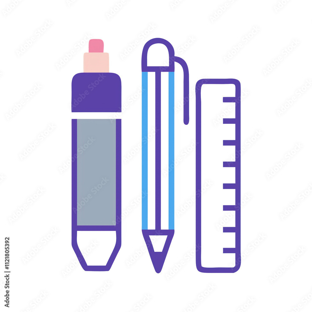 Stationery set with pens and ruler in purple and blue tones Stationery set with pens and ruler in purple and blue tones