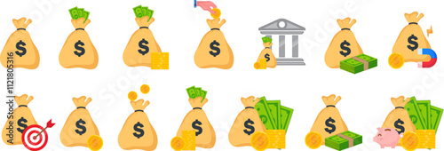 money bag icon collection with cash, coin, bank, magnet, target, planning for business and future