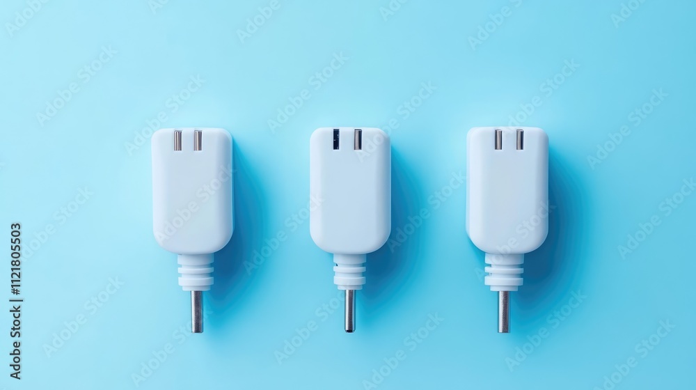 Three prong multi T plug adapters displayed on a light blue background for electrical and power connection concepts Three prong multi T plug adapters displayed on a light blue background for electrical and power connection concepts
