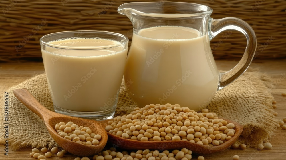 Soya milk in a glass and pitcher with soybeans in a wooden spoon on rustic wooden background at eye level for healthy beverage concept Soya milk in a glass and pitcher with soybeans in a wooden spoon on rustic wooden background at eye level for healthy beverage concept