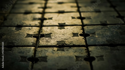 Detailed close-up of tile seams with crosses highlighting intricate flooring design and craftsmanship in a vintage aesthetic.