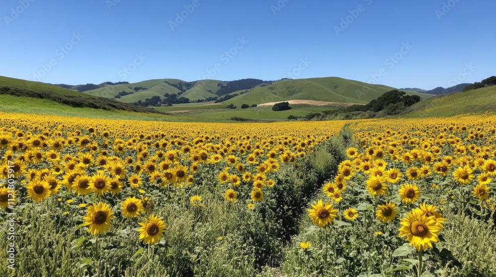 Vast sunflower field under a clear blue sky, rolling hills in the background. Vast sunflower field under a clear blue sky, rolling hills in the background.