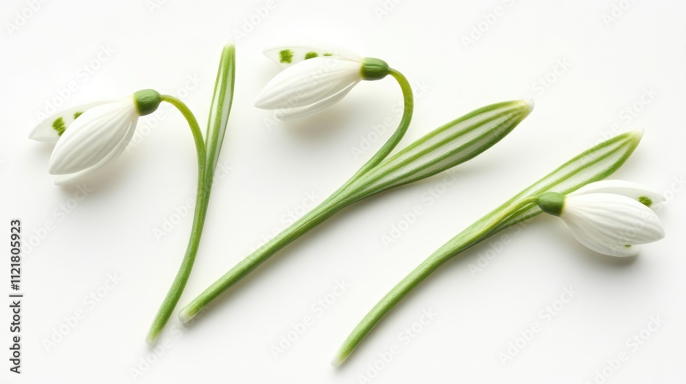 Three delicate snowdrop flowers with green stems isolated on a white background showcasing spring beauty and elegance in nature. Three delicate snowdrop flowers with green stems isolated on a white background showcasing spring beauty and elegance in nature.