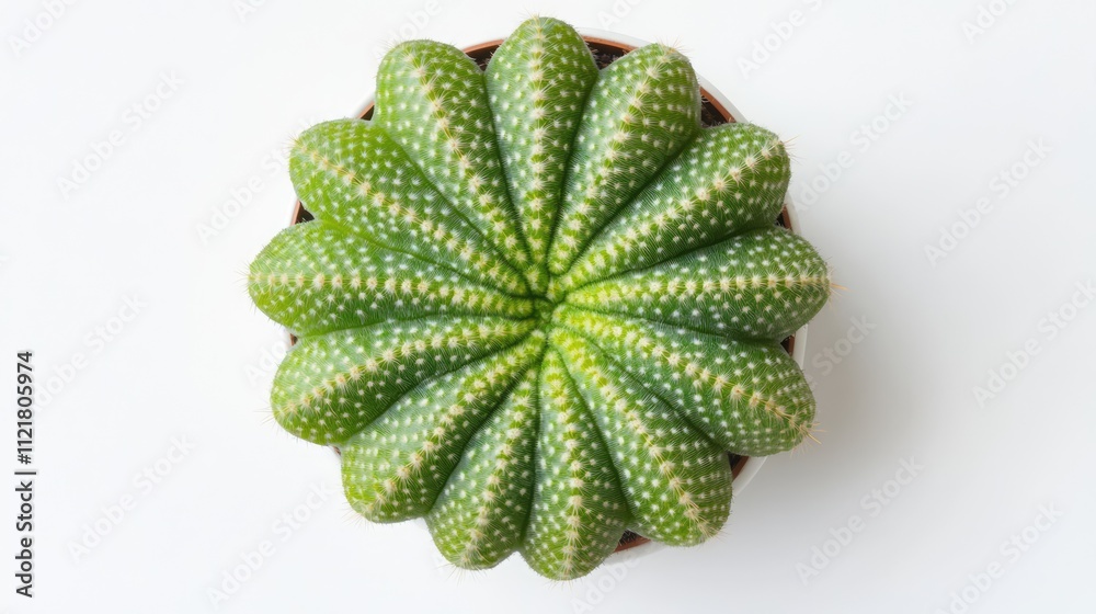 Top view of vibrant green cactus in pot on white desk background with ample copy space for gardening or decor concepts. Top view of vibrant green cactus in pot on white desk background with ample copy space for gardening or decor concepts.