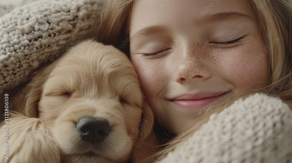 Teen girl cuddles golden retriever puppy enjoying cozy moments while exploring AI-generated images of pets on her computer at home