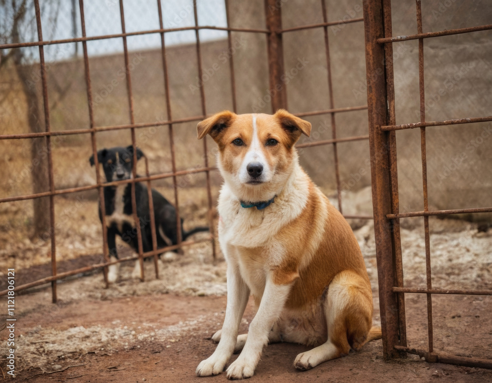 Stray homeless dog in animal shelter cage with a sad abandoned hungry ...