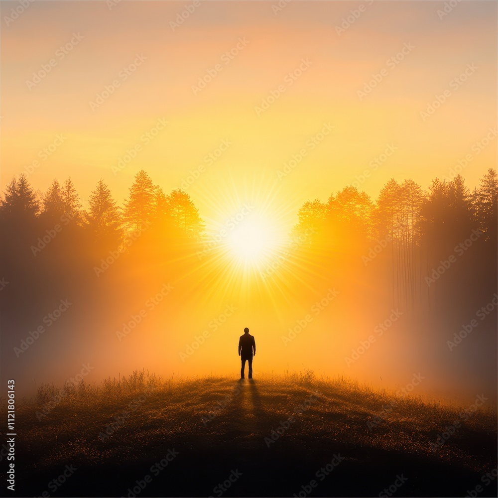 A serene sunrise with a silhouette figure. A serene sunrise with a silhouette figure.
