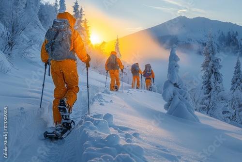 Group of Adventurous Snow Shoers Trekking Through a Snowy Mountain Landscape at Sunrise, Surrounded by Frosty Trees and Glowing Light photo