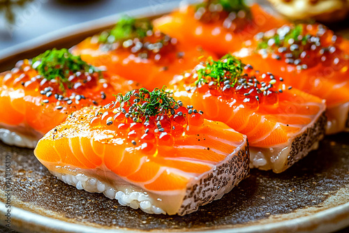 Fresh sushi with red fish and caviar served on a plate photo