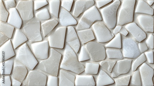 White mosaic tile texture featuring various shapes and sizes ideal for backgrounds and interior design applications. photo