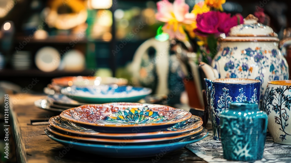 Colorful dinnerware and rustic table setting with flowers in a cozy ambiance showcasing decorative plates and vintage kitchenware. Colorful dinnerware and rustic table setting with flowers in a cozy ambiance showcasing decorative plates and vintage kitchenware.