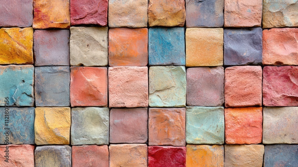 Colorful seamless textured wall tiles arranged in a square pattern ideal for design backgrounds or decorative purposes. Colorful seamless textured wall tiles arranged in a square pattern ideal for design backgrounds or decorative purposes.