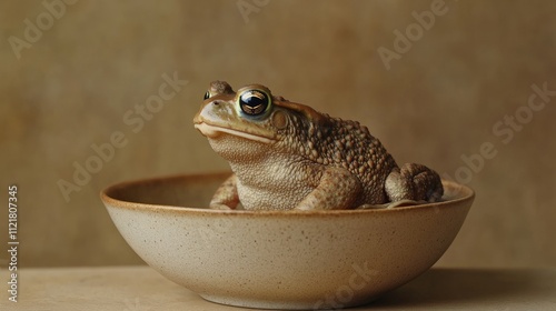 Common Asian Toad Duttaphrynus melanostictus resting in a bowl with textured skin on a soft brown background showcasing natural tranquility. photo