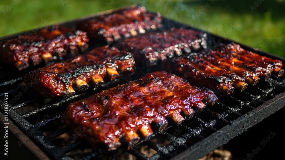 Delicious smoky barbecue ribs sizzling on a grill outdoors surrounded by lush green lawn for a perfect summer gathering Delicious smoky barbecue ribs sizzling on a grill outdoors surrounded by lush green lawn for a perfect summer gathering