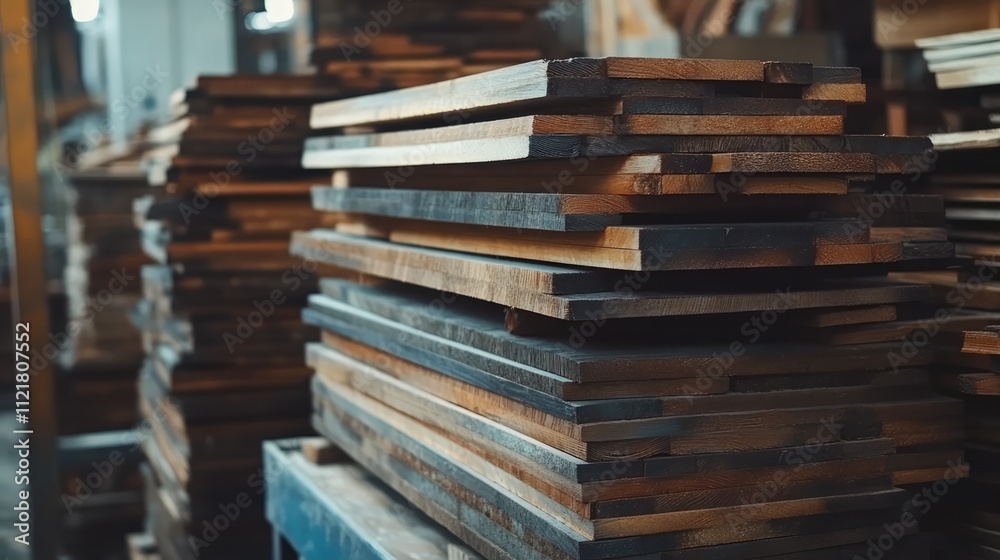 Stacked timber planks in a lumberyard showcasing various types of wooden boards for construction and woodworking projects Stacked timber planks in a lumberyard showcasing various types of wooden boards for construction and woodworking projects
