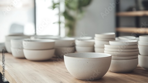 Minimalist table setting with ceramic dinnerware in soft natural light on wooden surface showcasing modern dining aesthetics and simplicity