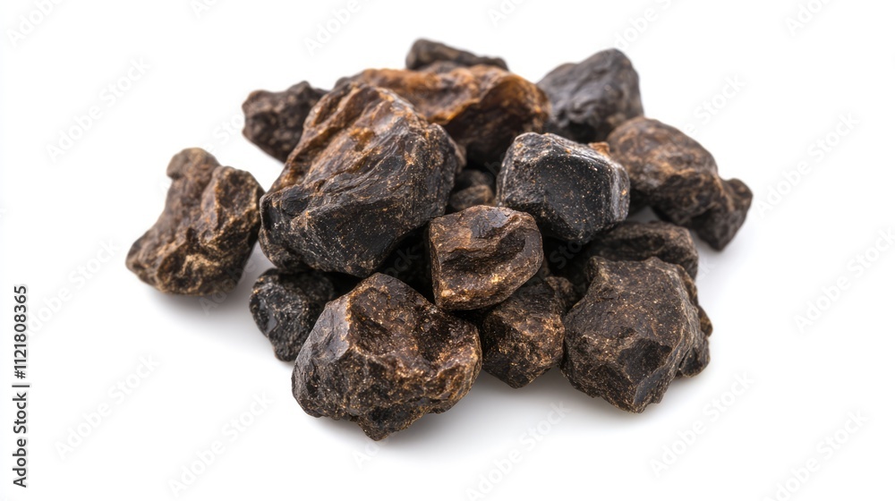 Shilajit mineral rocks arranged on a white background showcasing their unique texture and color for wellness and natural supplement imagery Shilajit mineral rocks arranged on a white background showcasing their unique texture and color for wellness and natural supplement imagery
