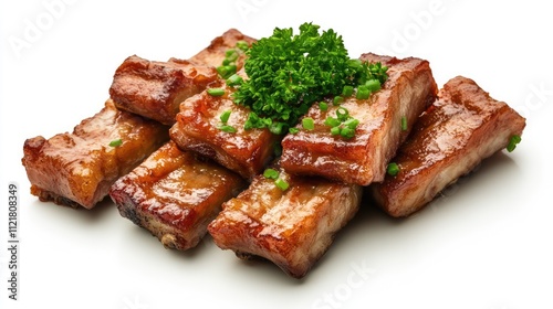 Crispy fried pork lard garnished with fresh herbs on a clean white background photo