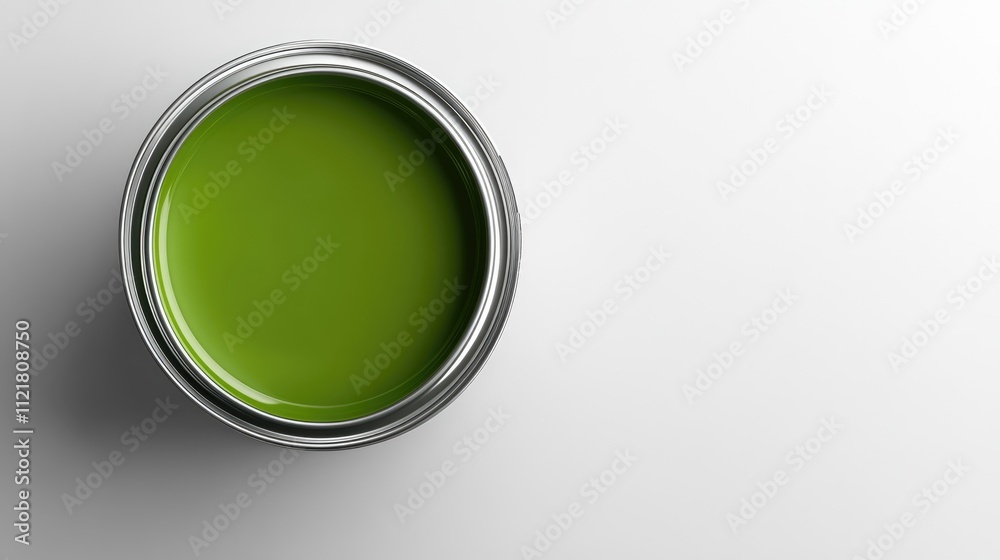Top view of an open paint can with vibrant green paint against a clean white background showcasing color options for design projects Top view of an open paint can with vibrant green paint against a clean white background showcasing color options for design projects