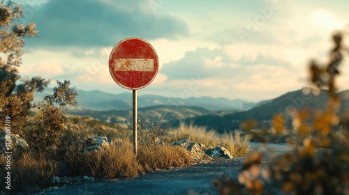 Road Sign Indicating No Entry on a Scenic Mountain Road Surrounded by Nature and Trees at Dusk photo