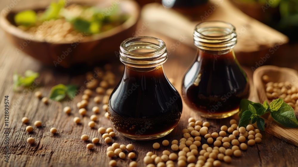 Soy Sauce Bottles on Rustic Wooden Table Surrounded by Soybeans and Herbs Capturing Vegetarian Cuisine Ingredients Soy Sauce Bottles on Rustic Wooden Table Surrounded by Soybeans and Herbs Capturing Vegetarian Cuisine Ingredients