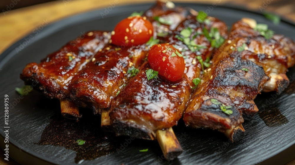 Grilled pork ribs glazed with rich tomato sauce garnished with fresh herbs and cherry tomatoes on a black plate.