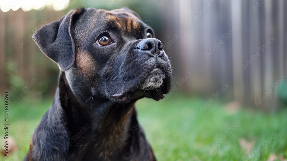 Serious dog gazing attentively in a serene backyard setting with blurred fence and grass in background Serious dog gazing attentively in a serene backyard setting with blurred fence and grass in background