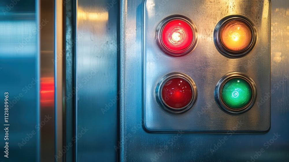 Signal lamp indicators and status buttons for electrical control systems on stainless steel background in modern environment
