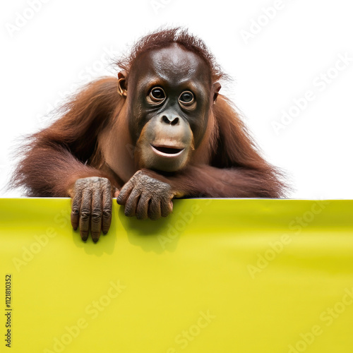 Curious Orangutan Peeking Over Yellow and Black Panel Isolated on White