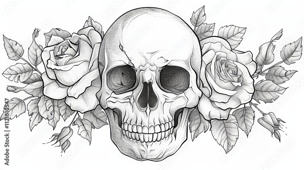 Obraz premium Intricate tattoo design of a skull surrounded by roses in classic engraving style illustration