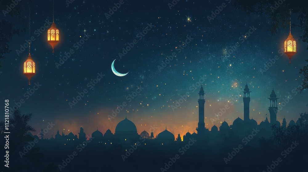Naklejka premium Enchanting Ramadan Skyline Under the Starry Night