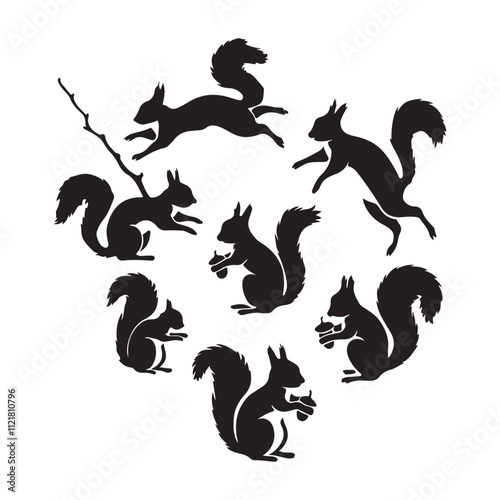 Squirrel silhouettes set in white background.