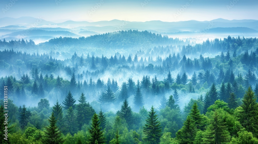 Obraz premium Misty mountain landscape featuring a fir forest in vintage retro aesthetic style