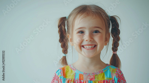 A little girl with pigtails, wearing a colorful dress and a big smile, framed by a pure white background, capturing the joy and innocence of childhood.