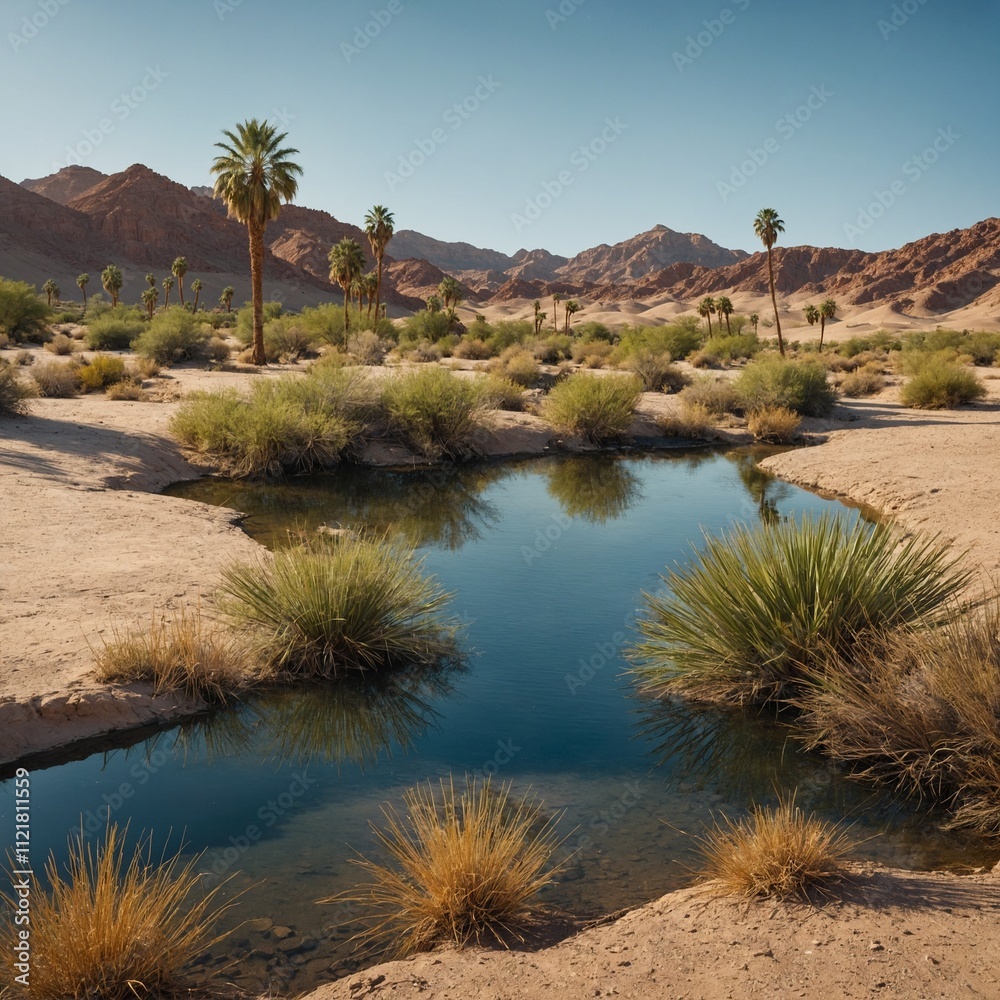 A desert oasis with palm trees and a small shimmering lake. A desert oasis with palm trees and a small shimmering lake.