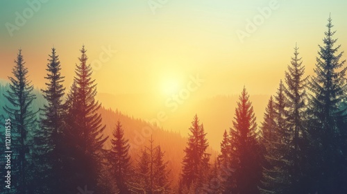 Misty mountain landscape showcasing a vintage fir forest in a captivating retro artistic style