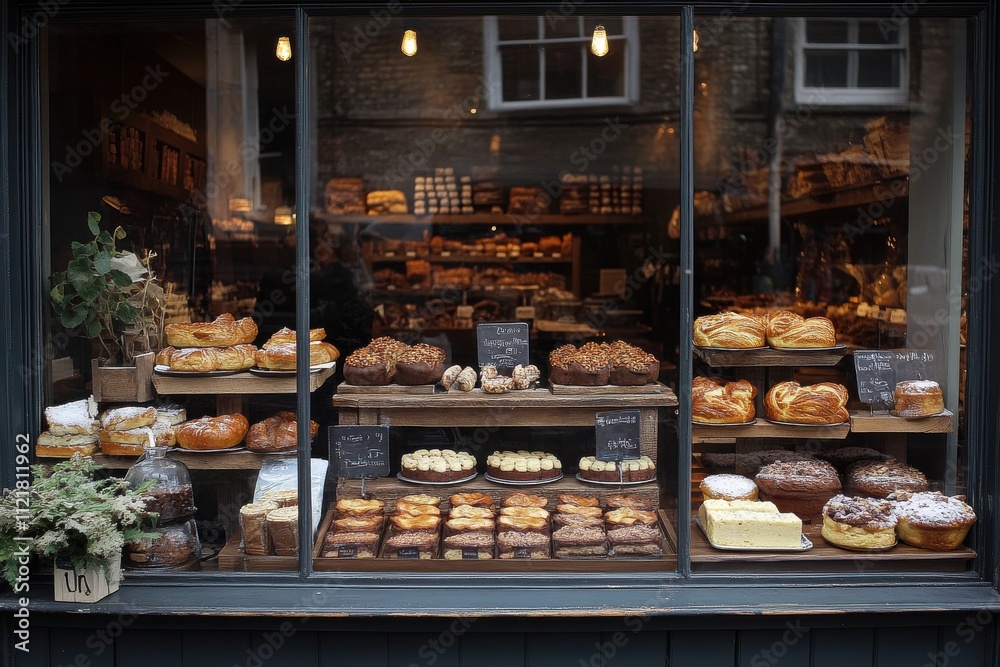 Baked goods display cozy bakery food photography urban environment front view culinary artistry for seo impact Baked goods display cozy bakery food photography urban environment front view culinary artistry for seo impact