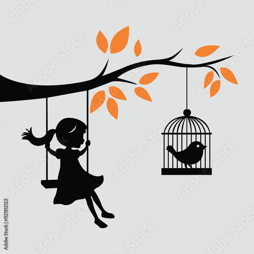 Minimalist vector of a girl on a swing under a tree branch with orange leaves and a birdcage on light gray