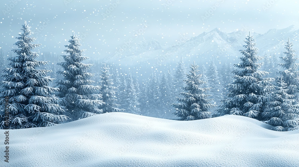 Naklejka premium A snowy landscape with trees and mountains in the background