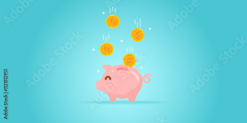 pink piggy bank with falling gold coins in blue background for saving money, investing, future planning banner template