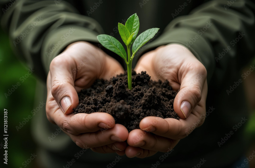 Hands holding handful soil young green sprout, ecology protection. AI Generative Hands holding handful soil young green sprout, ecology protection. AI Generative