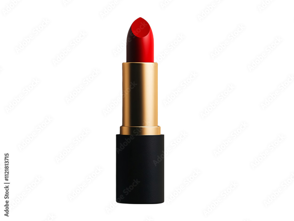 A vibrant red lipstick with a sleek gold and black casing, showcasing a classic beauty essential on transparent background. A vibrant red lipstick with a sleek gold and black casing, showcasing a classic beauty essential on transparent background.