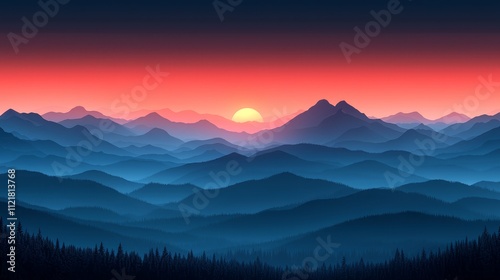 A mountain landscape with a sunset in the background