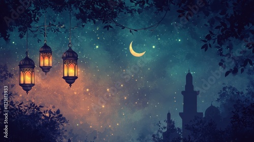 Enchanting Night: Lanterns, Crescent Moon, and Fireflies in a Starry Sky