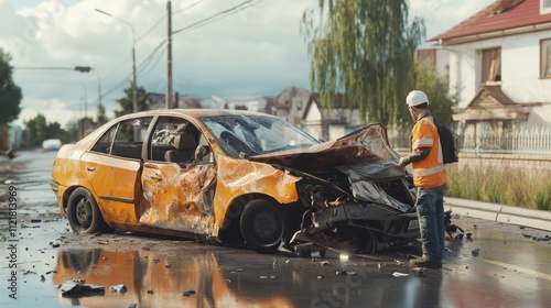 Aftermath of a Car Crash: A Damaged Vehicle and an Inspector