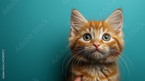 A person holding a small orange kitten in their hand