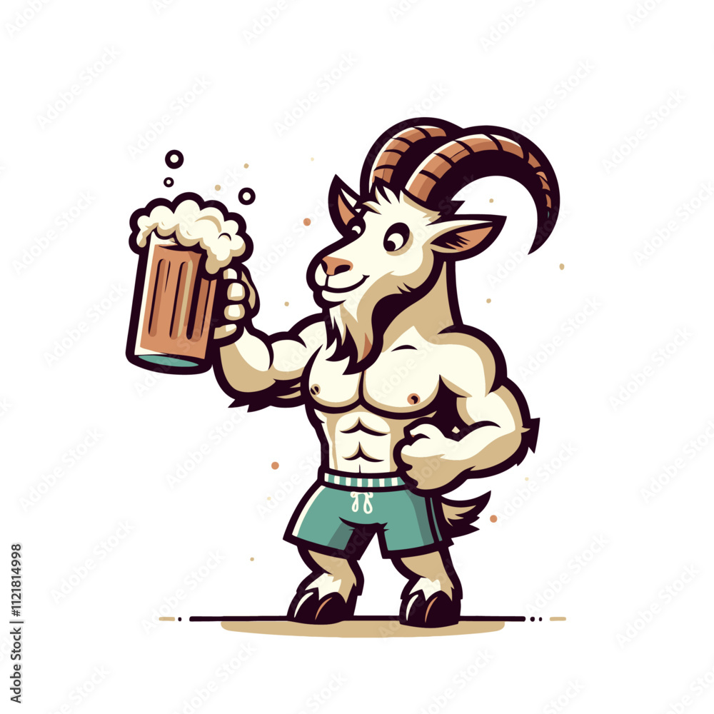 Muscular goat holding a frothy beer mug, wearing shorts with a confident pose. A bold and humorous design for pubs, sports bars, and celebrations. Isolated vector illustration. Muscular goat holding a frothy beer mug, wearing shorts with a confident pose. A bold and humorous design for pubs, sports bars, and celebrations. Isolated vector illustration.